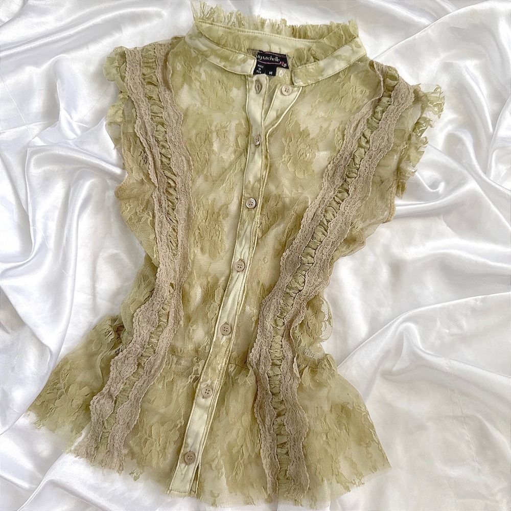 My Michelle Olive Green Lace Ruffle Sleeveless Blouse Sheer Peplum Top Medium